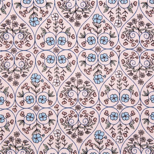 Tissu en coton rose au motif de treillis des curs et mini-fleurs Tissu