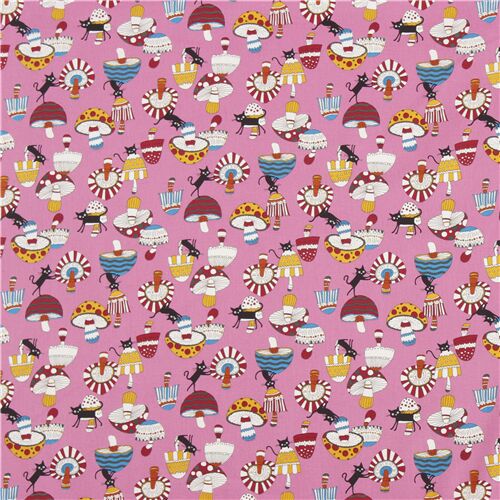Fat Quarter (50 x 55 cm) - Pink oxford fabric with funny cats and patterned mushrooms 2