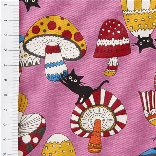 Fat Quarter (50 x 55 cm) - Pink oxford fabric with funny cats and patterned mushrooms 3