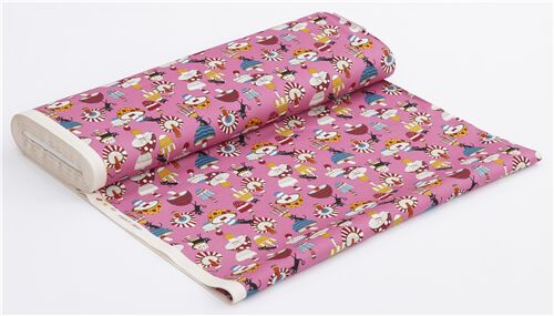 Fat Quarter (50 x 55 cm) - Pink oxford fabric with funny cats and patterned mushrooms 4