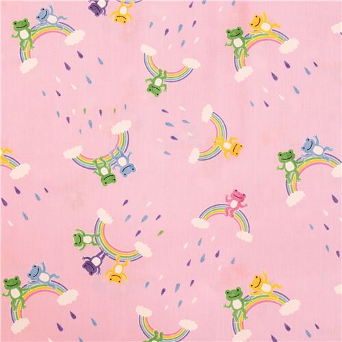 Resto de (25 x 110 cm) - Tela rosa de arcoiris con ranas felices de colores