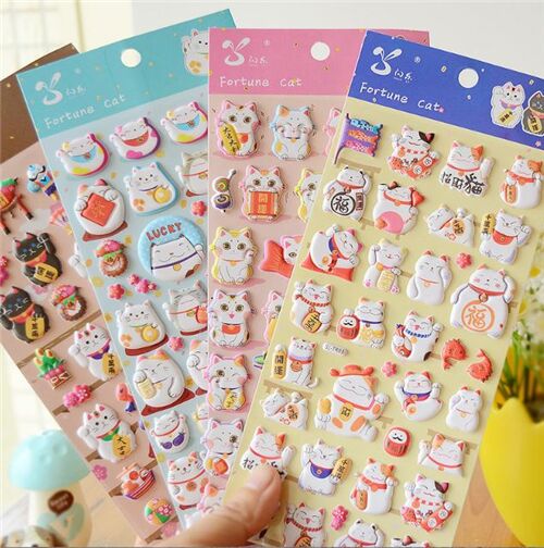 Puffy sticker sheet beckoning fortune cat gold koban lucky charm temari ...