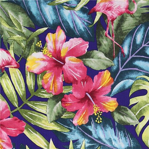 Purple blue Trans-Pacific Textiles hibiscus, flower fabric flamingo ...