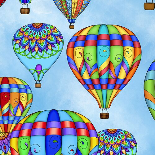 QT Fabrics blue fabric with colorful hot air balloons modeS4u