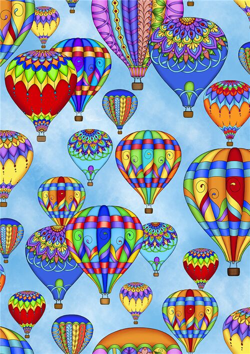 QT Fabrics blue fabric with colorful hot air balloons modeS4u