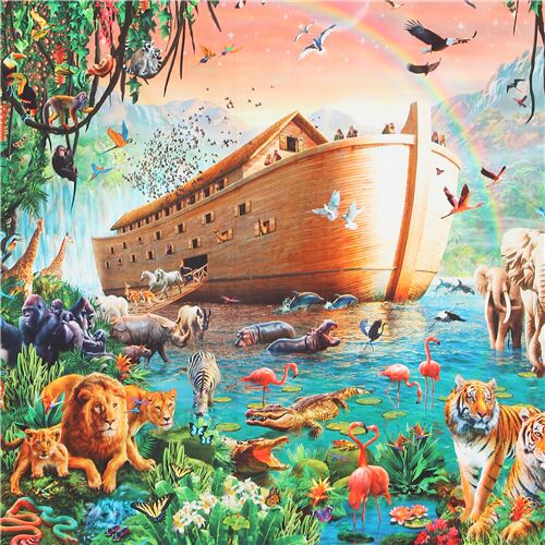 QT Fabrics colorful Noah's Ark panel fabric with wild animals - modeS4u