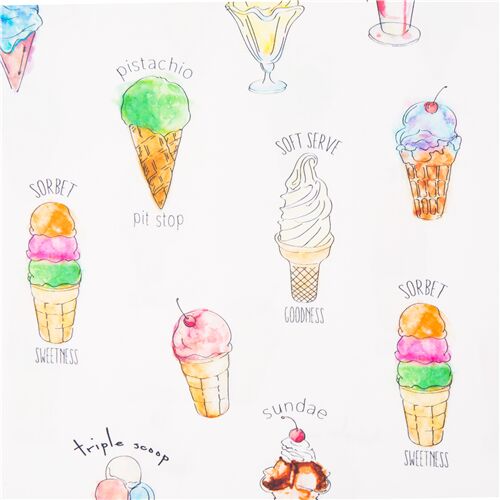 Tissu QT Fabrics blanc avec des sorbets, des glaces, des desserts multicolores Tissu