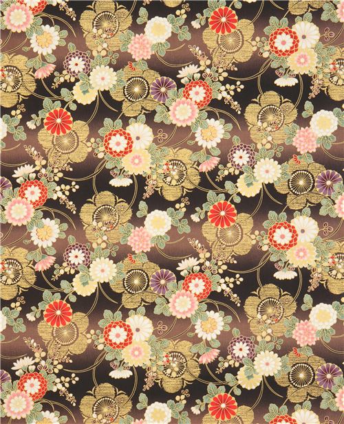 Remnant 31 cm - Quilt Gate fabric with Japanese flowers and metallic embellishment 2
