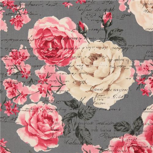 Remnant 23 cm - Quilt Gate flower fabric in grey with retro design and roses