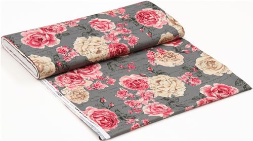 Remnant 23 cm - Quilt Gate flower fabric in grey with retro design and roses 3