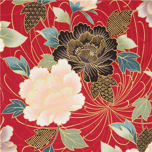 Quilt Gate flower fabric in red with metallic embellishment Fabric