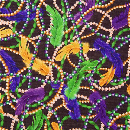 Mardi Gras Feathers Beads Carnival Fabric by Quilting Treasures - modeS4u