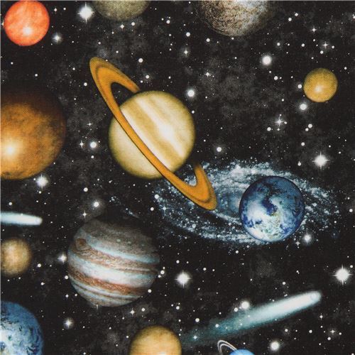 Remnant (40 x 109 cm) - Quilting Treasures black outer space fabric with planets