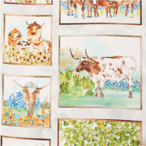 Remnant (38 x 109 cm) - Quilting Treasures panel fabric with longhorn cows flowers cactus watercolou 2