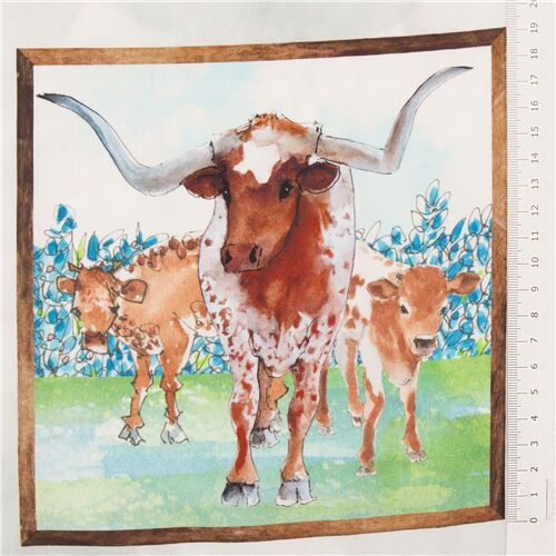 Farm Longhorn Cows with Flowers Stripe Fabric by Quilting Treasures -  modeS4u