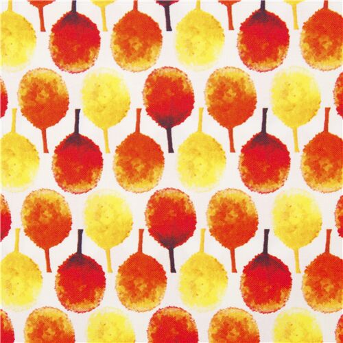 gelb-orangefarbener Baumwollstoff mit sich wiederholenden Baummotiven Stoff