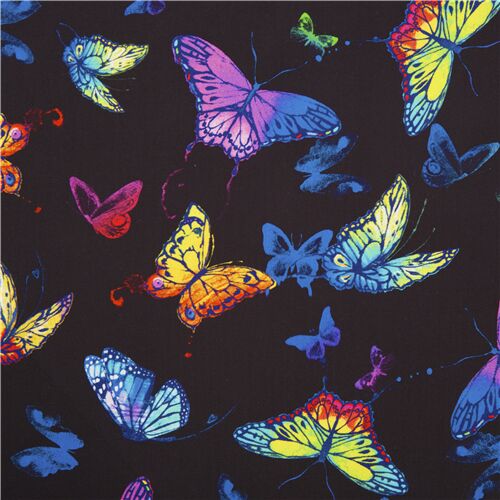 Rainbow butterflies on black cotton fabric Timeless Treasures - modeS4u