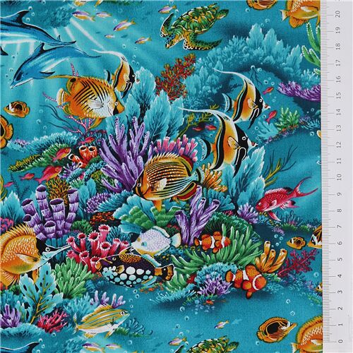 Cotton Fish Sea Ocean Tropical Coral Reef Blue Fabric Print by the Yard  D693.66 