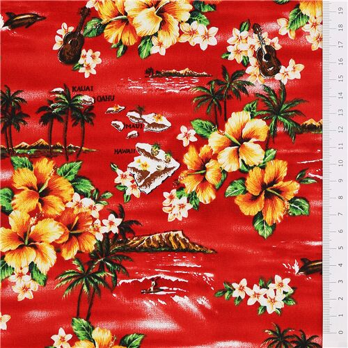 Red Hawaii canvas fabric Trans-Pacific Textiles flower palms - modeS4u