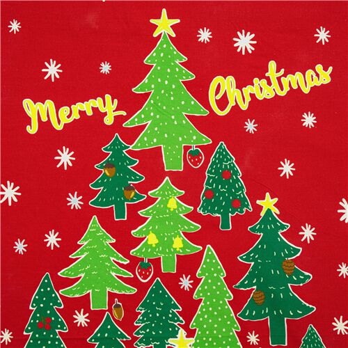 Remnant (30 x 108 cm) - Red Merry Christmas trees full pattern Kokka