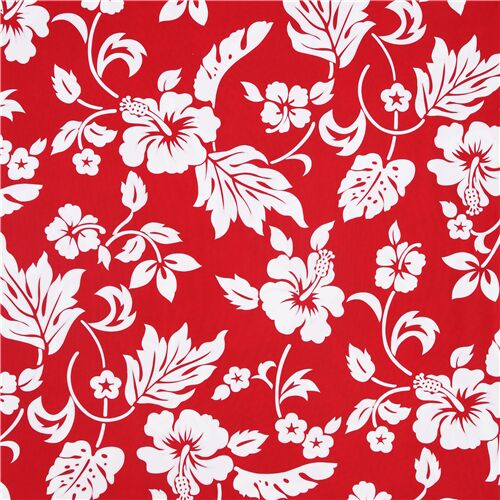 Red Trans-Pacific Textiles fabric white hibiscus flower leaf Fabric by ...