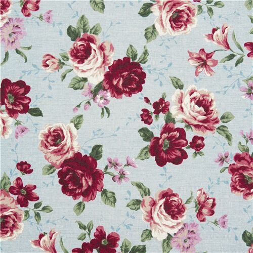 Chutes de tissu de (31 x 108 cm) - Toile bleue avec des roses rouges et des roses  roses, importée du - modeS4u
