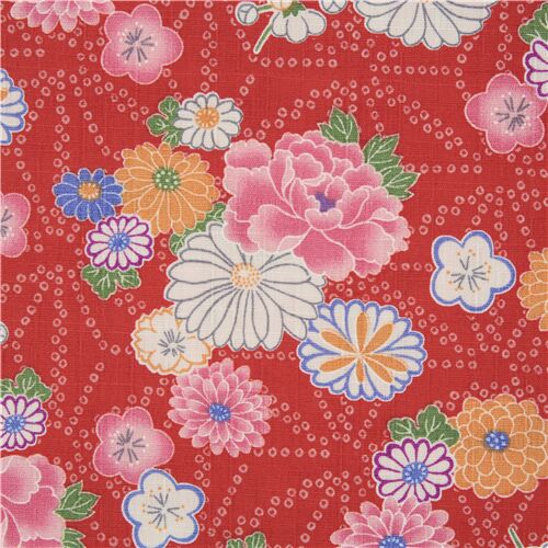 Tissu Dobby japonais rouge avec des motifs de pois et des fleurs multicolores Tissu