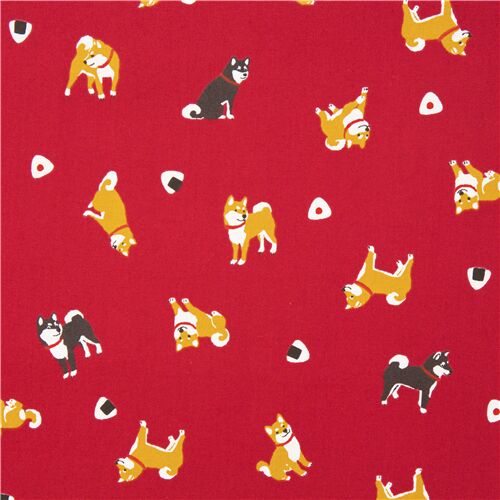 Roter Oxford-Stoff mit verstreuten Shiba-Inu-Hunden und Reisbllchen Stoff