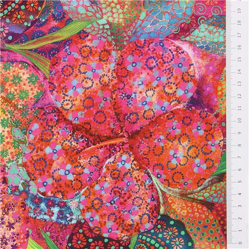 Red pink orange dots circles patterned flowers leaf fabric - modeS4u