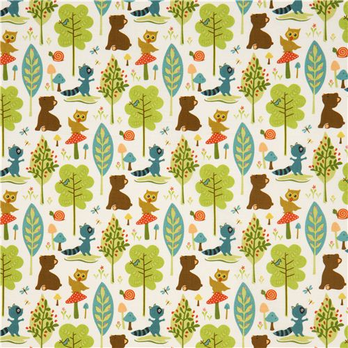 Riley Blake animal fabric with owl racoon bear tree Fabric by Riley ...