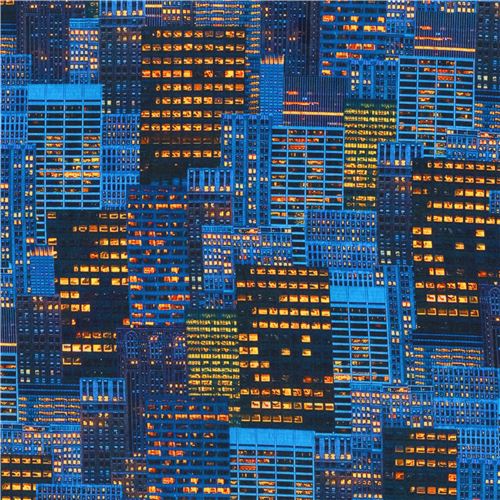 Robert Kaufman blue cityscape fabric with buildings modeS4u