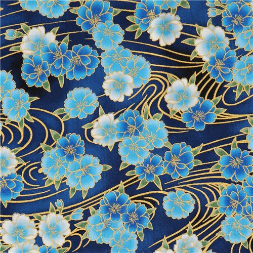 Robert Kaufman blue metallic gold fabric with sakura flowers Fabric by Robert  Kaufman - modeS4u