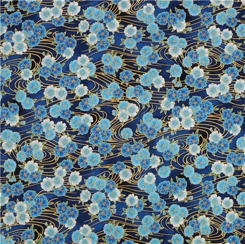 Robert Kaufman blue metallic gold fabric with sakura flowers - modeS4u