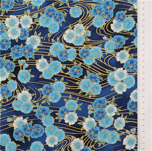 Robert Kaufman blue metallic gold fabric with sakura flowers - modeS4u