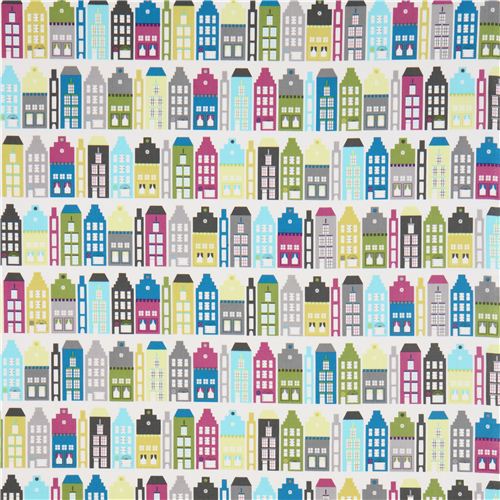 Robert Kaufman city fabric with green and grey houses 2
