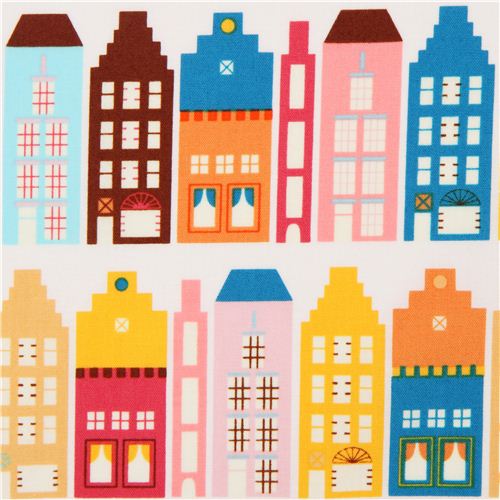 Robert Kaufman city fabric with yellow and orange houses Fabric