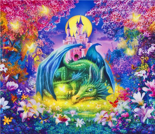 Robert Kaufman colorful mythical dragon and castle fabric Fabric