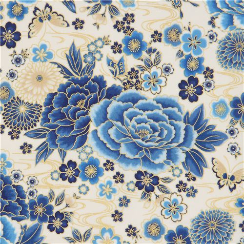 Robert Kaufman cream fabric with blue peonies - modeS4u