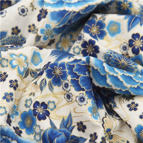 Robert Kaufman cream fabric with blue peonies - modeS4u