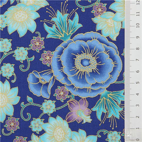 Robert Kaufman dark blue and metallic gold poppy flower fabric modeS4u