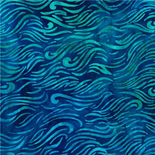 Robert Kaufman dark blue batik fabric with turquoise and green wavy ...