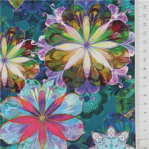 Robert Kaufman green lawn fabric with colorful medallion flower modeS4u