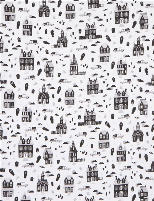 Remnant (20 x 112 cm) - Robert Kaufman white Halloween fabric with haunted houses 3