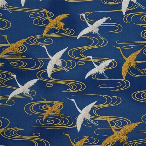 Royal blue gold white flying cranes fabric by Robert Kaufman Fabric by ...