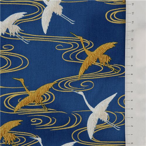 Royal blue gold white flying cranes fabric by Robert Kaufman - modeS4u