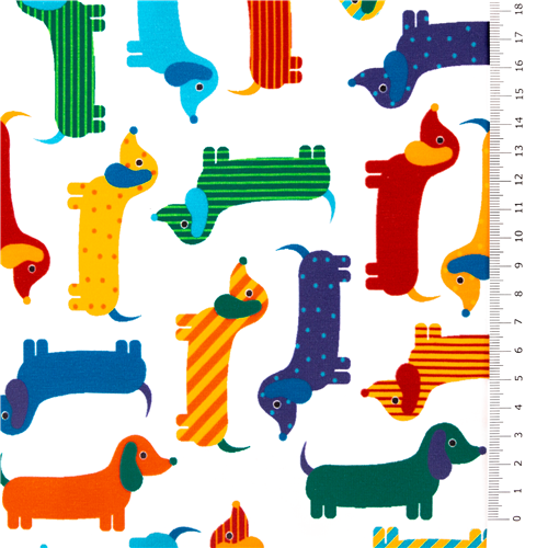 Sausage dog colourful smooth knit white fabric USA Robert Kaufman extra