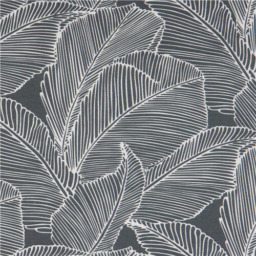 Stof Fabrics grey knit fabric with big tropical leaf pattern Fabric