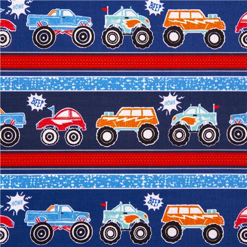 Tissu en coton à bandes et rayures bleu rouge monster trucks Tissu