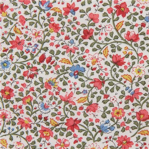 Tana Lawn offwhite cotton fabric with mini pinkred flowers by Liberty
