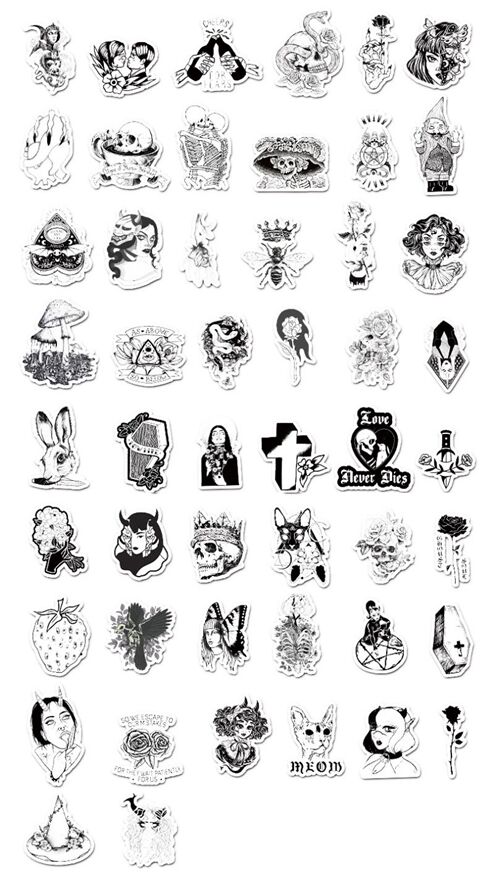 Tattoo gothic 50 unique diecut sticker pack skulls pentagram witch ...